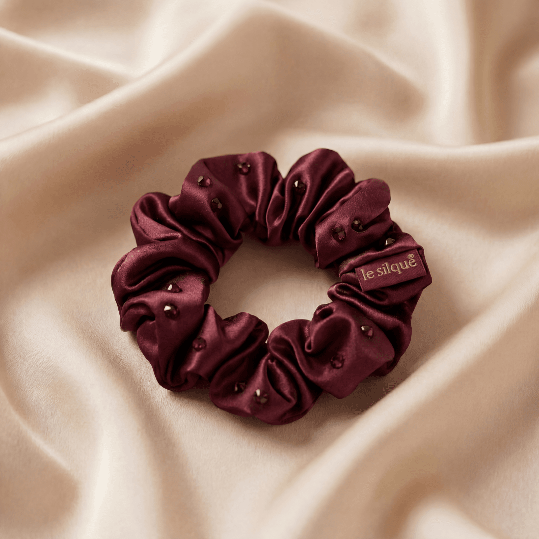 Gumka do włosów z jedwabiu z kryształkami BURGUNDY | LE SILQUE