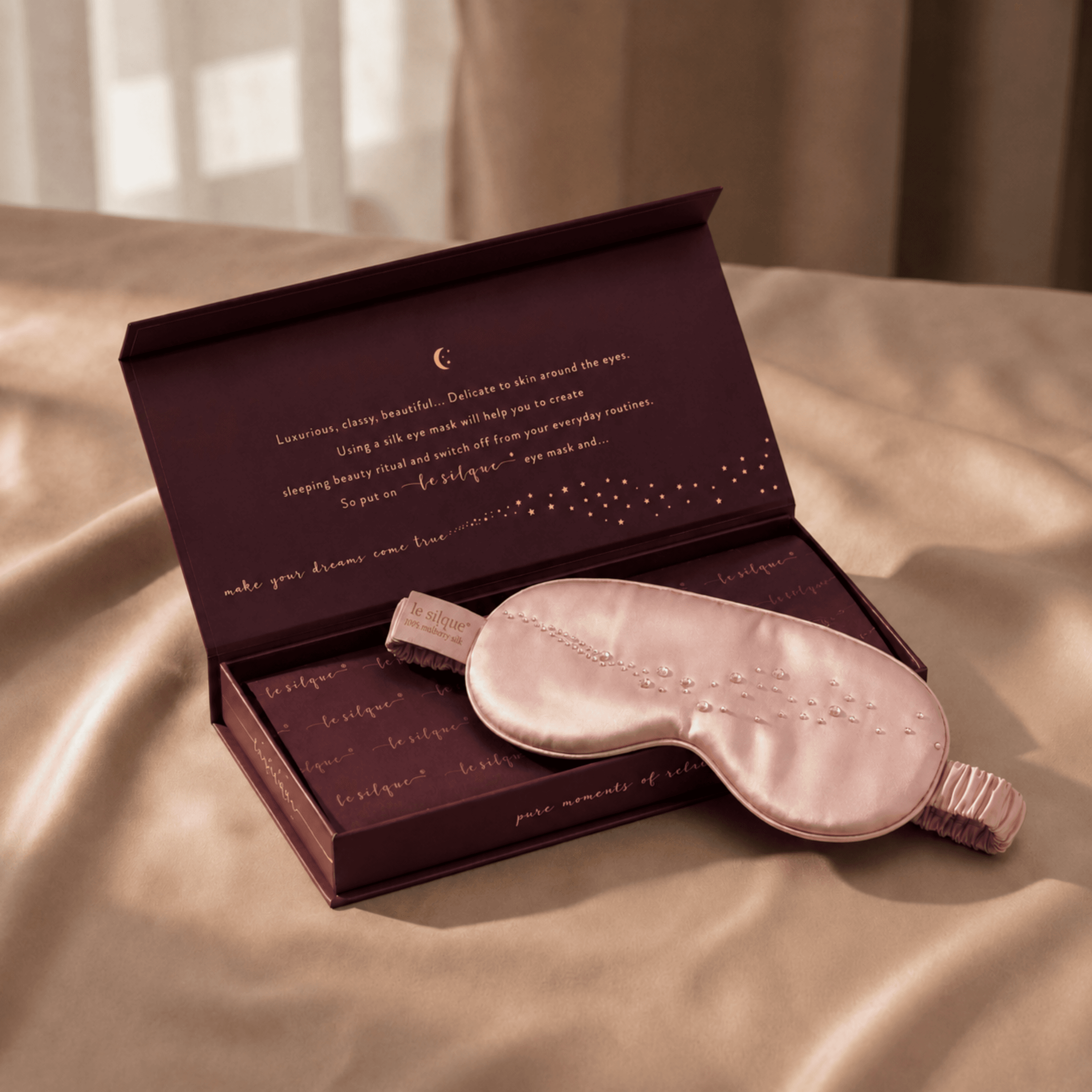 Jedwabna opaska na oczy do spania z kryształkami – ROSE GOLD | LE SILQUE