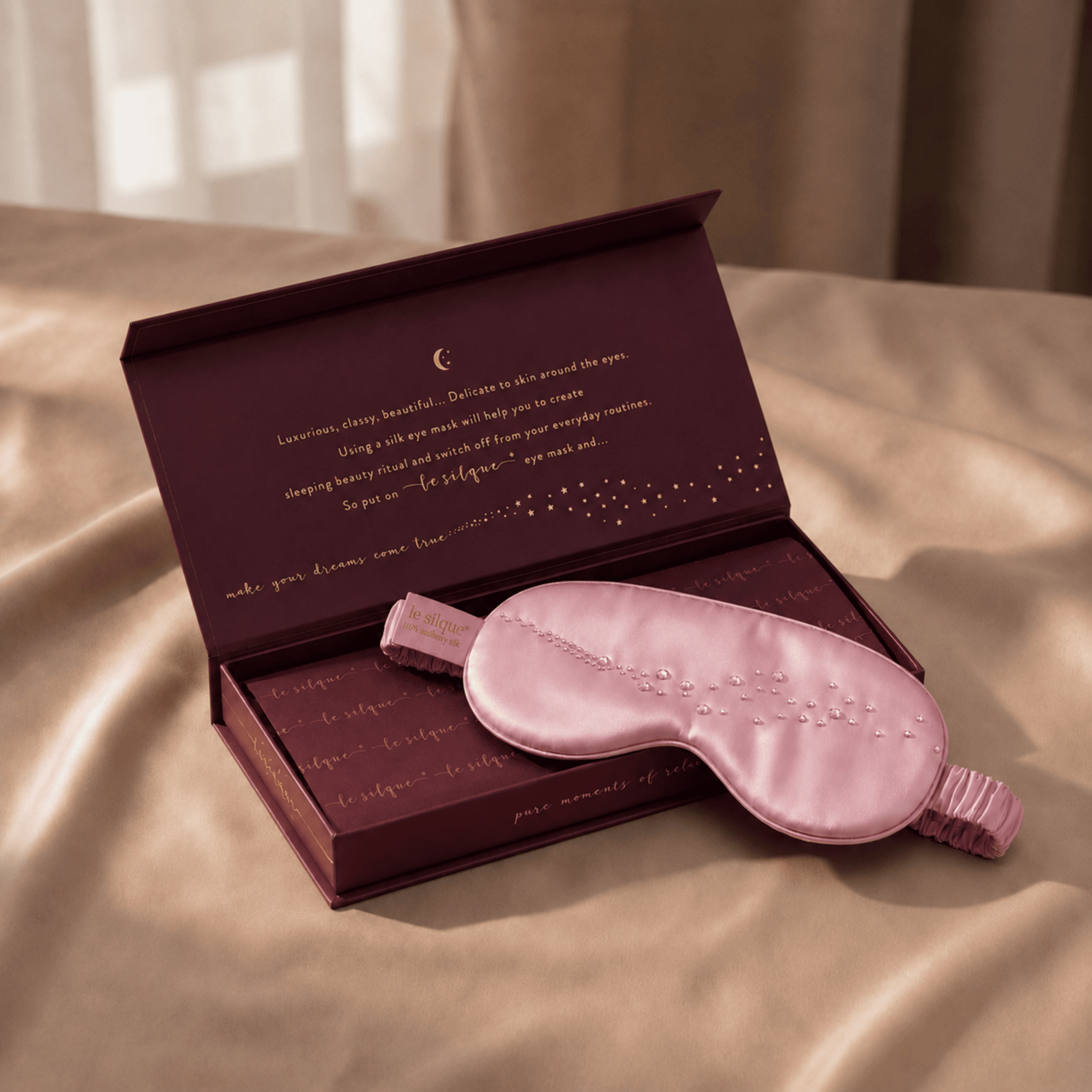 Jedwabna opaska na oczy do spania z kryształkami – SUGAR PINK | LE SILQUE