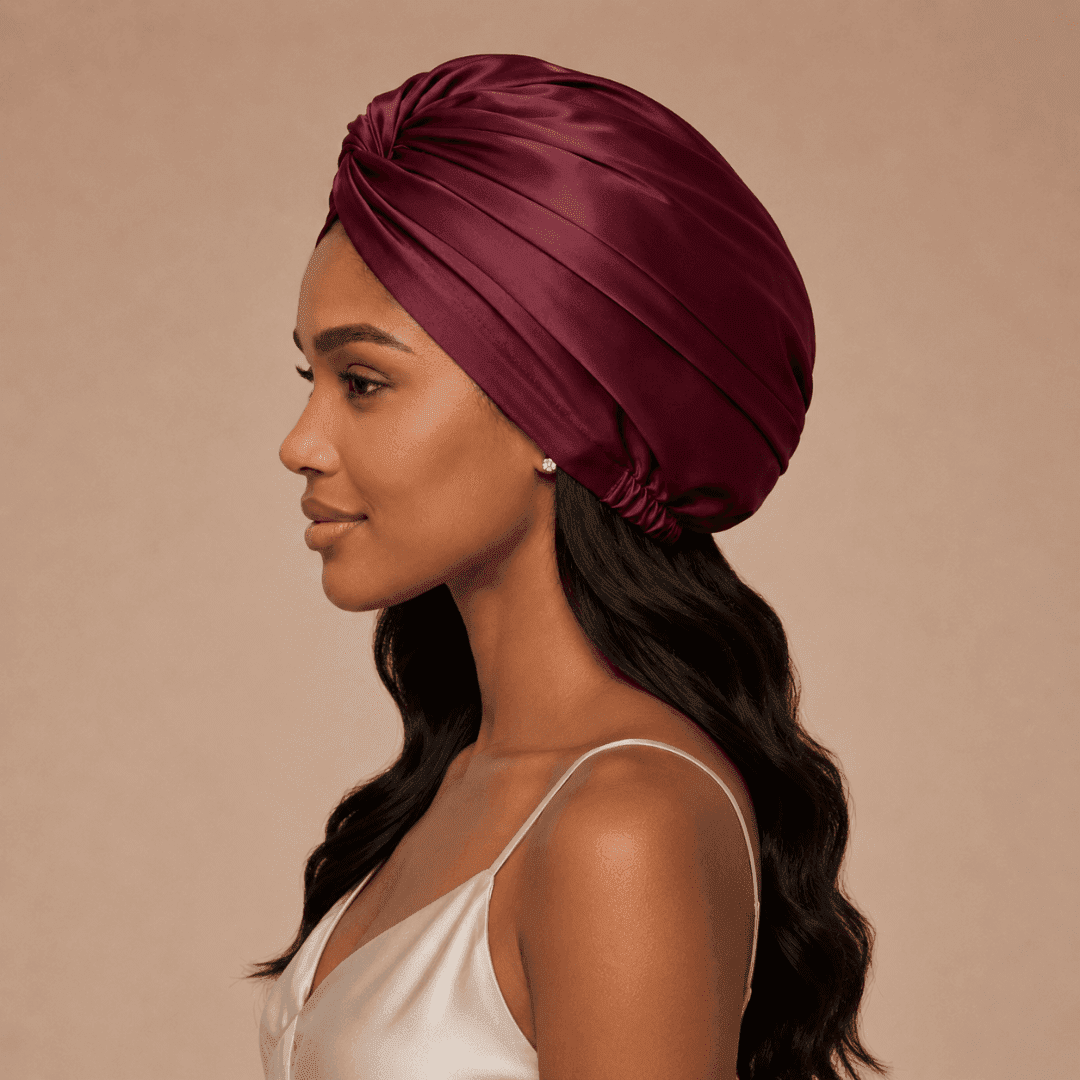 Jedwabny turban na włosy BURGUNDY – 100% jedwab morwowy 22 momme | LE SILQUE