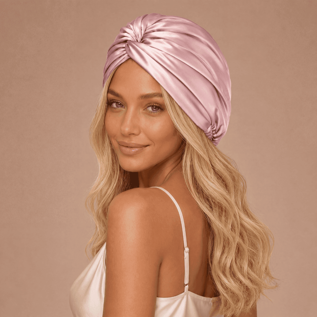 Jedwabny turban na włosy w kolorze różowego złota 22 momme – Le Silque