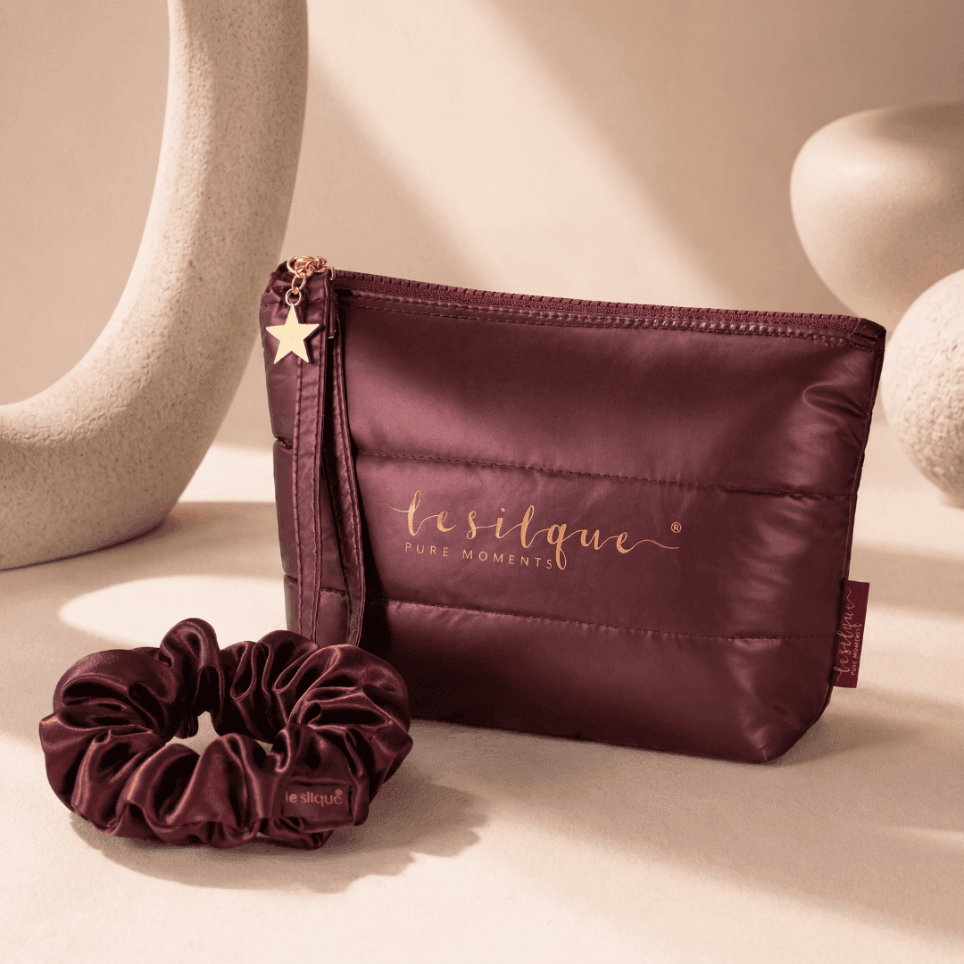 Zestaw beauty BURGUNDY – kosmetyczka, gumka i płatki pod oczy | LE SILQUE
